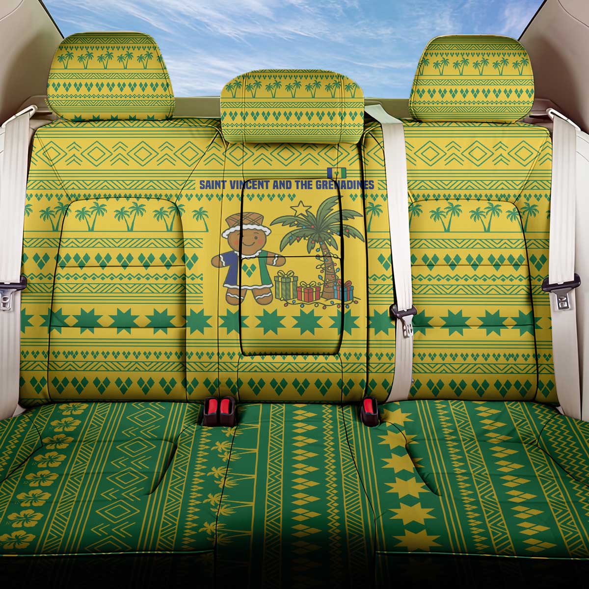 Saint Vincent and the Grenadines Christmas Back Car Seat Cover with Gingerbread Boy Palm Tree and Traditional Pattern - Wonder Print Shop