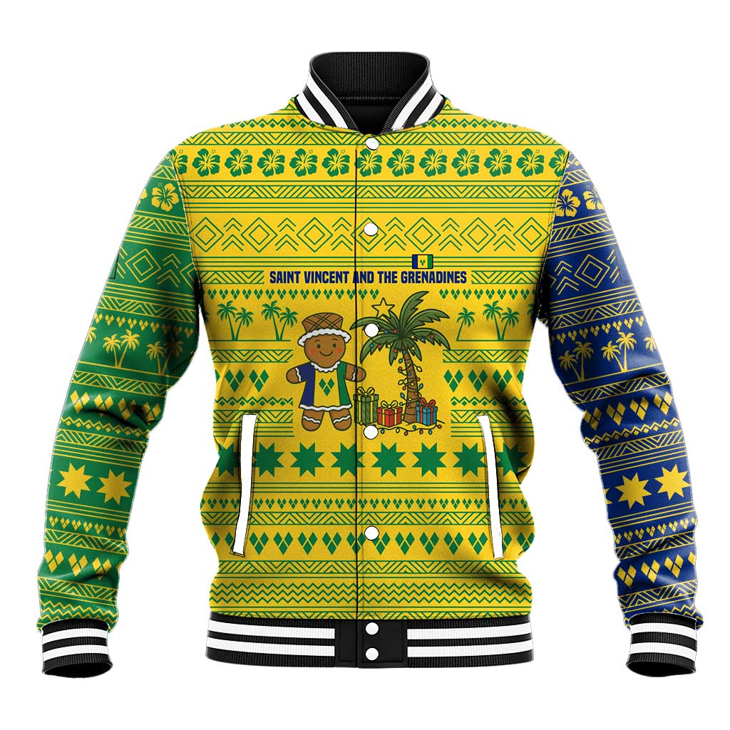 Saint Vincent and the Grenadines Christmas Baseball Jacket with Gingerbread Boy Palm Tree and Traditional Pattern - Wonder Print Shop