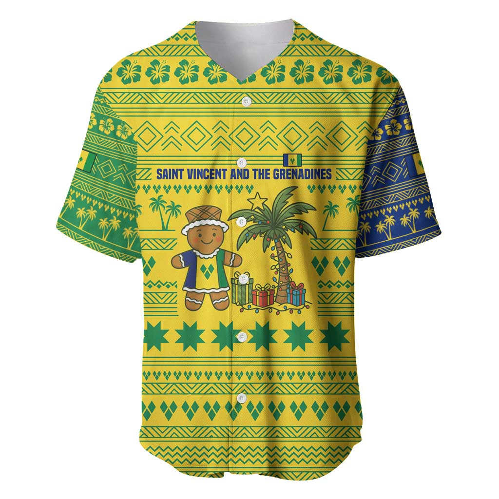 Saint Vincent and the Grenadines Christmas Baseball Jersey with Gingerbread Boy Palm Tree and Traditional Pattern - Wonder Print Shop
