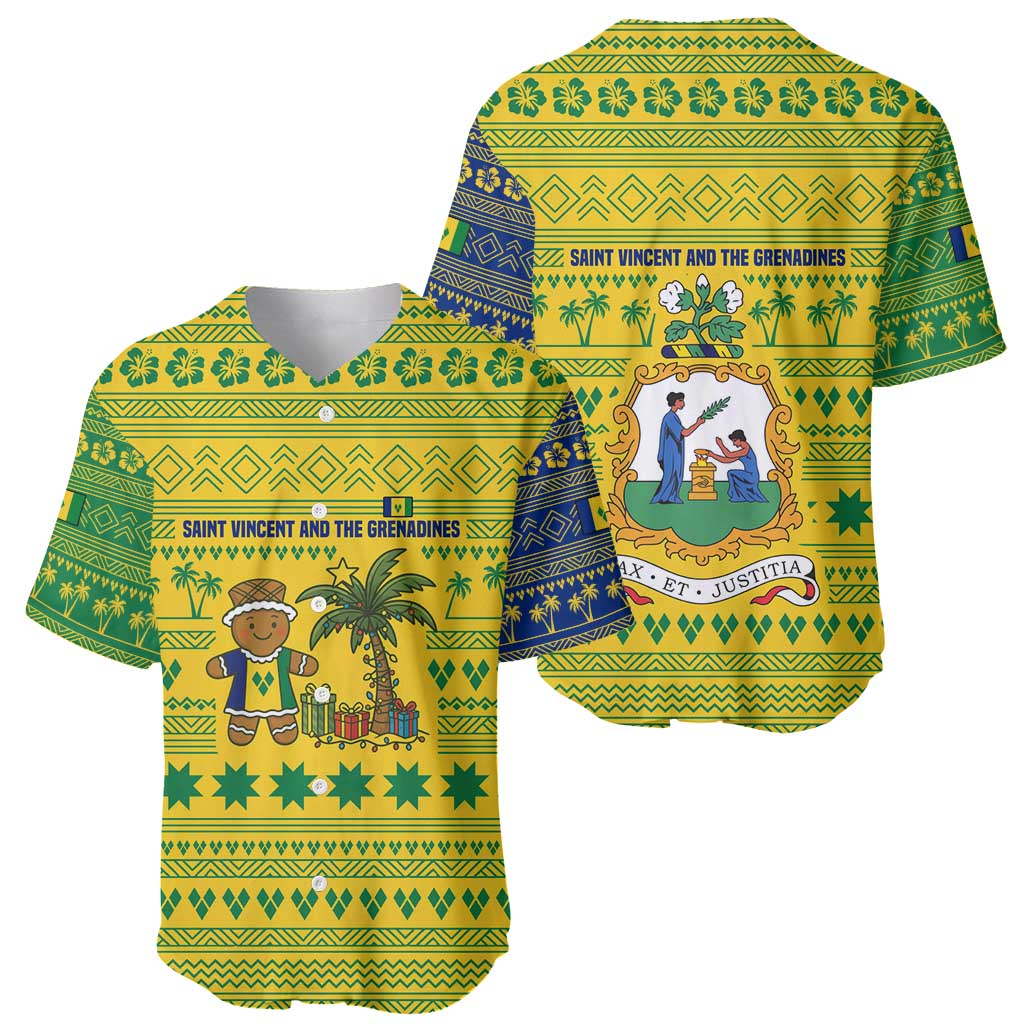 Saint Vincent and the Grenadines Christmas Baseball Jersey with Gingerbread Boy Palm Tree and Traditional Pattern - Wonder Print Shop