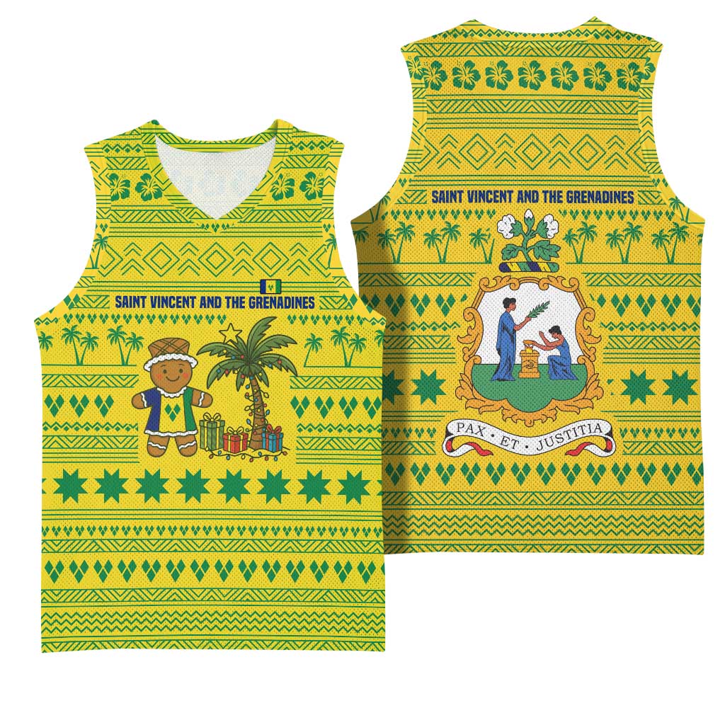 Saint Vincent and the Grenadines Christmas Basketball Jersey with Gingerbread Boy Palm Tree and Traditional Pattern - Wonder Print Shop
