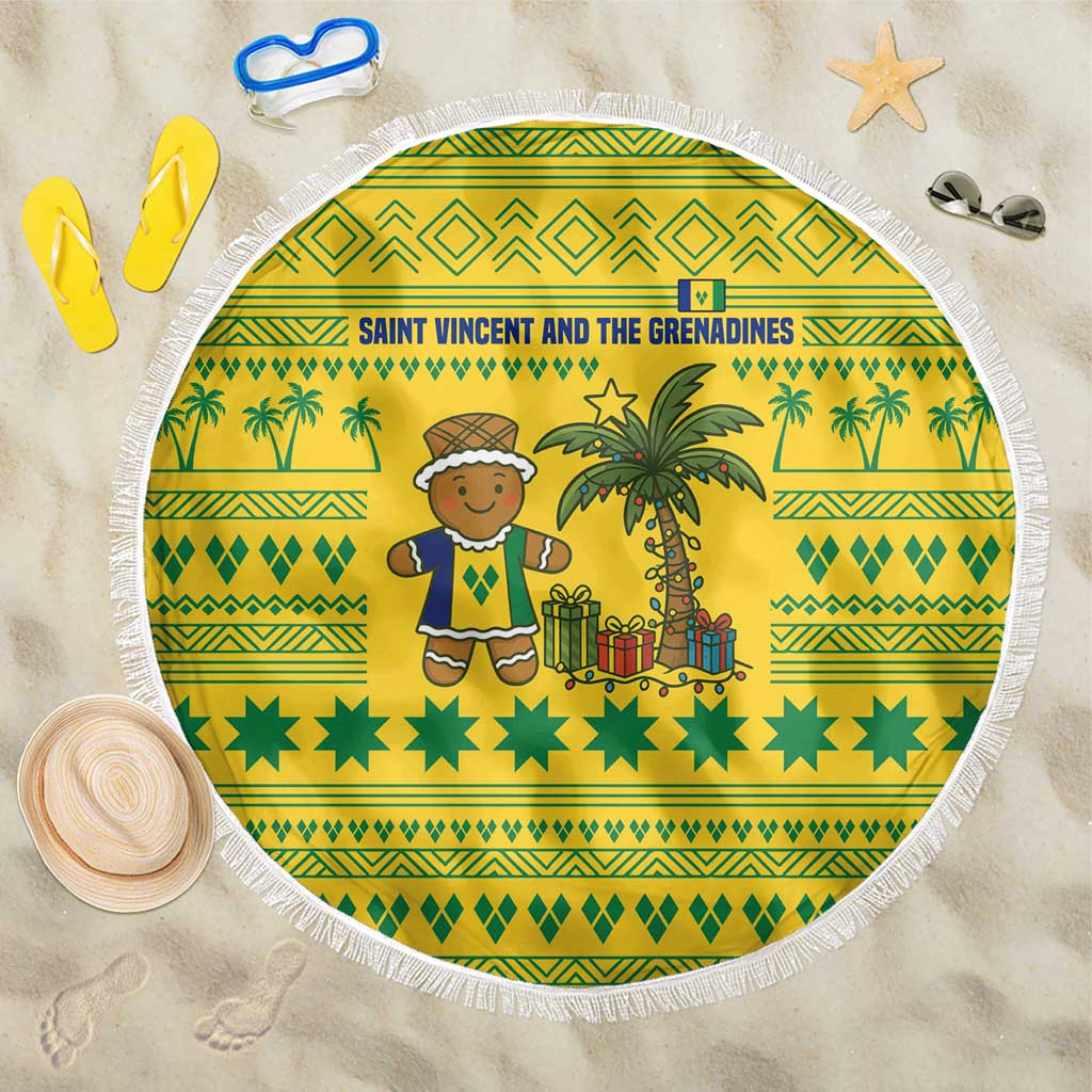 Saint Vincent and the Grenadines Christmas Beach Blanket with Gingerbread Boy Palm Tree and Traditional Pattern - Wonder Print Shop