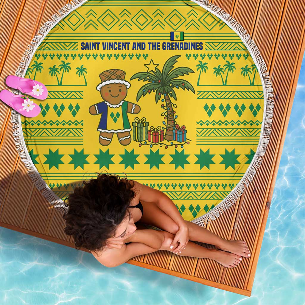 Saint Vincent and the Grenadines Christmas Beach Blanket with Gingerbread Boy Palm Tree and Traditional Pattern - Wonder Print Shop