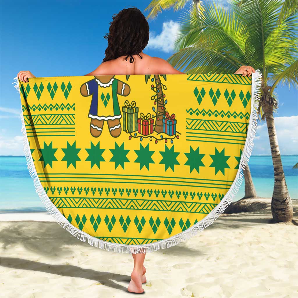 Saint Vincent and the Grenadines Christmas Beach Blanket with Gingerbread Boy Palm Tree and Traditional Pattern - Wonder Print Shop