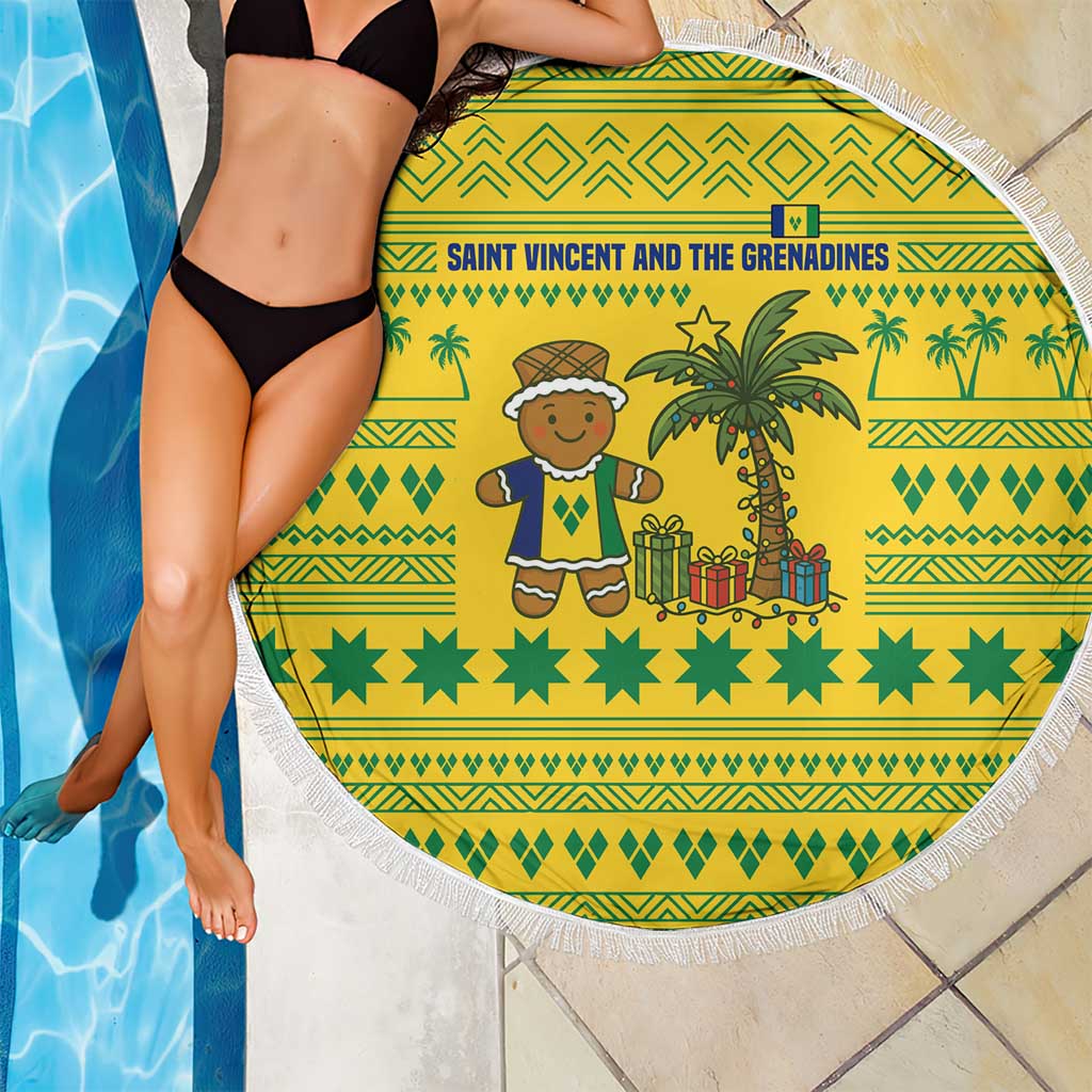 Saint Vincent and the Grenadines Christmas Beach Blanket with Gingerbread Boy Palm Tree and Traditional Pattern - Wonder Print Shop