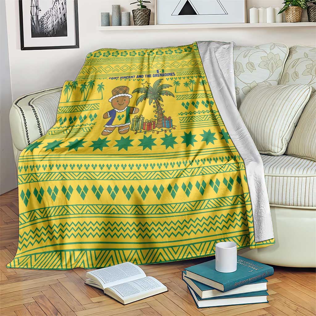 Saint Vincent and the Grenadines Christmas Blanket with Gingerbread Boy Palm Tree and Traditional Pattern - Wonder Print Shop