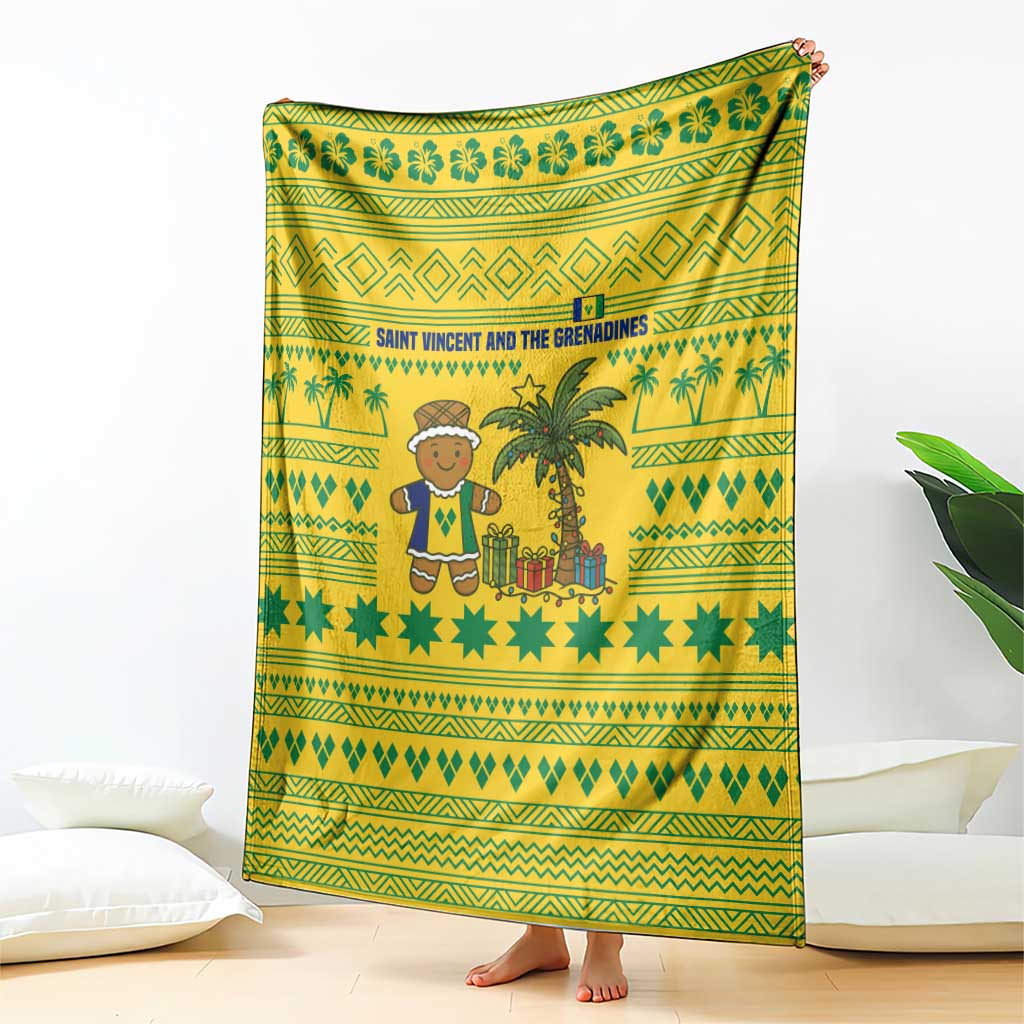 Saint Vincent and the Grenadines Christmas Blanket with Gingerbread Boy Palm Tree and Traditional Pattern - Wonder Print Shop