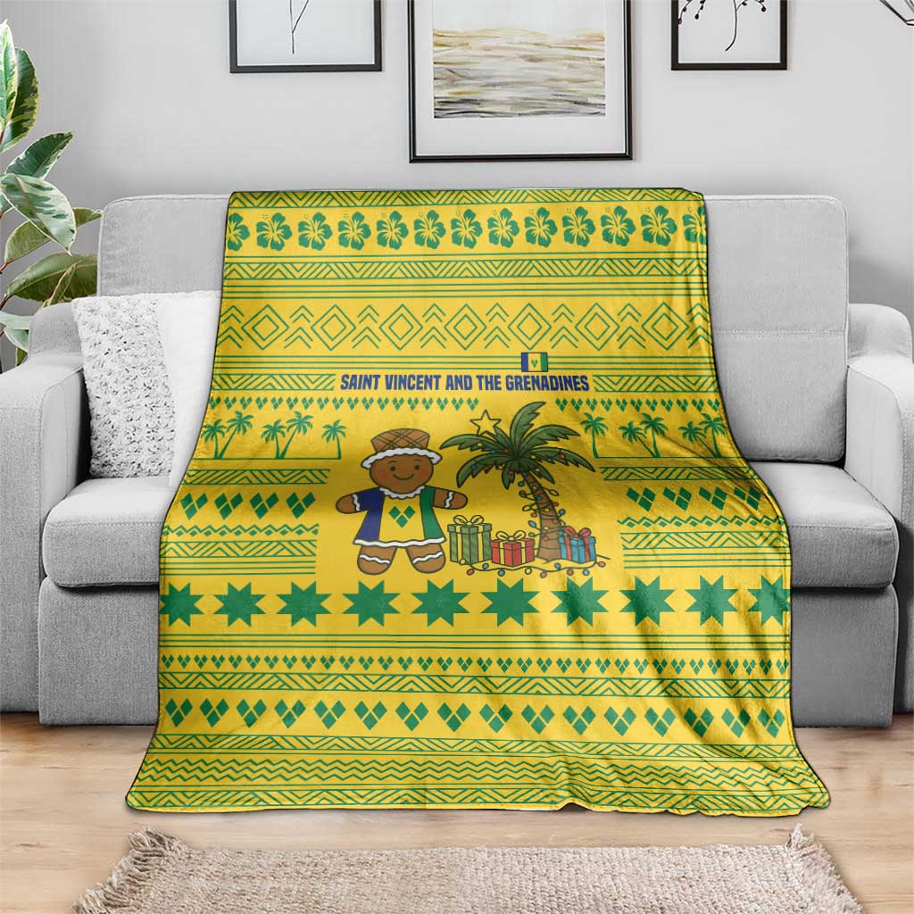 Saint Vincent and the Grenadines Christmas Blanket with Gingerbread Boy Palm Tree and Traditional Pattern - Wonder Print Shop