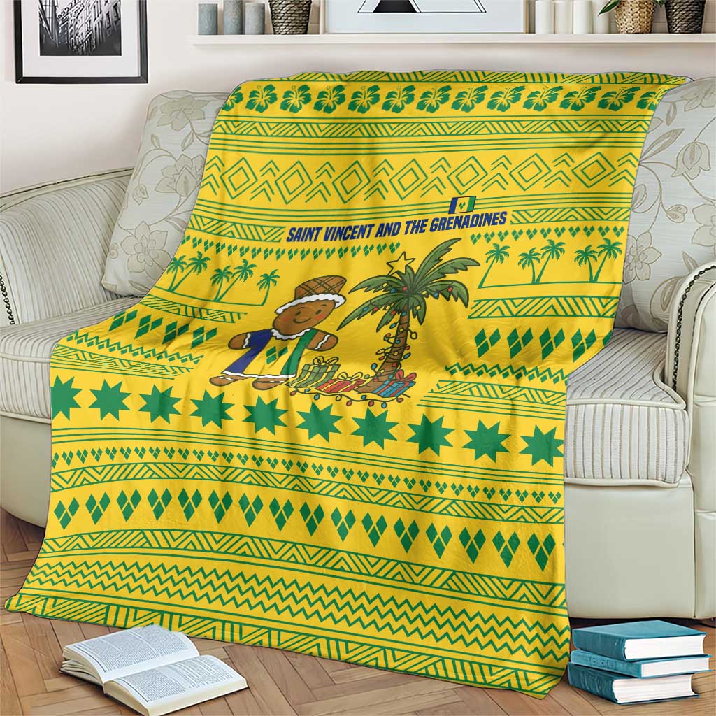 Saint Vincent and the Grenadines Christmas Blanket with Gingerbread Boy Palm Tree and Traditional Pattern - Wonder Print Shop