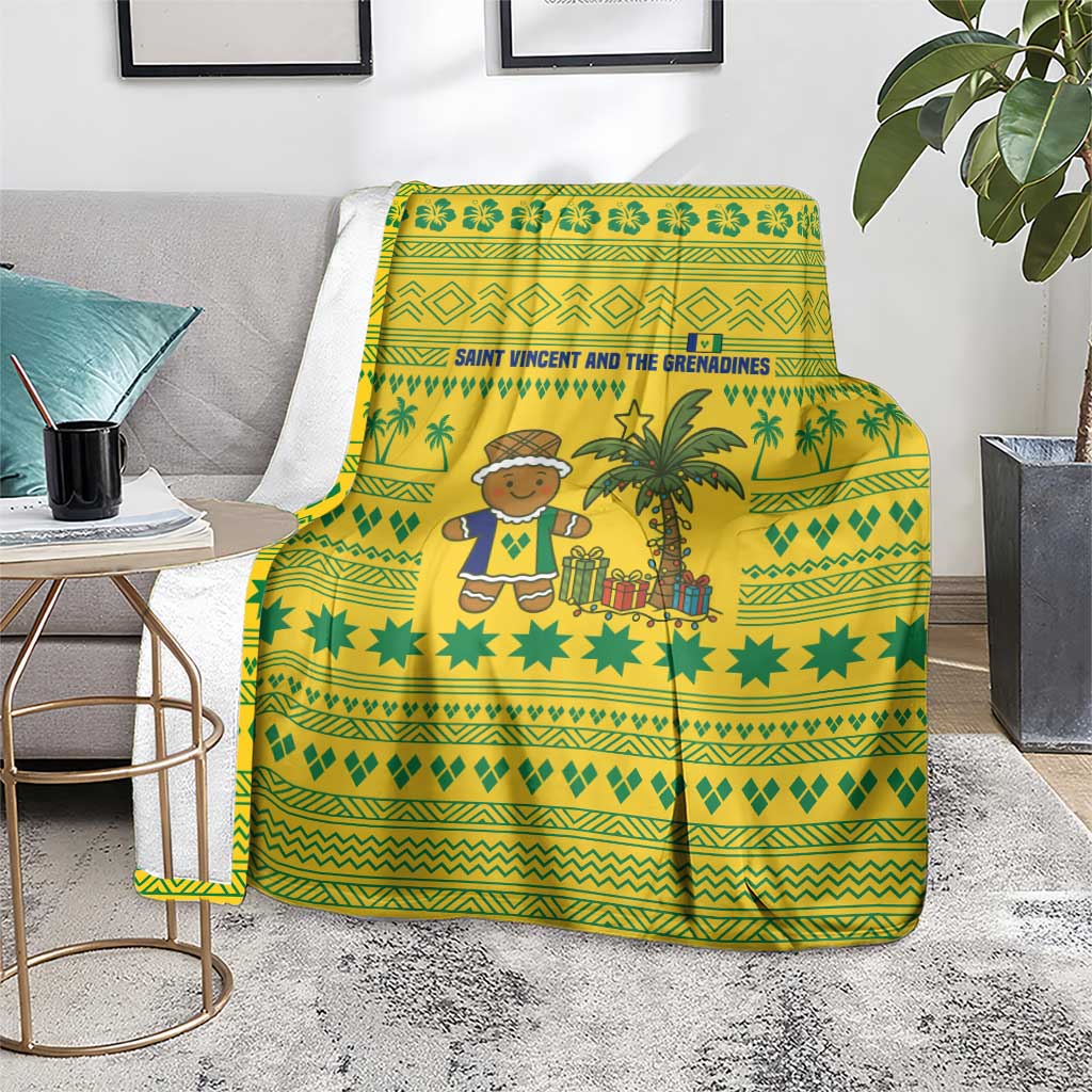 Saint Vincent and the Grenadines Christmas Blanket with Gingerbread Boy Palm Tree and Traditional Pattern - Wonder Print Shop