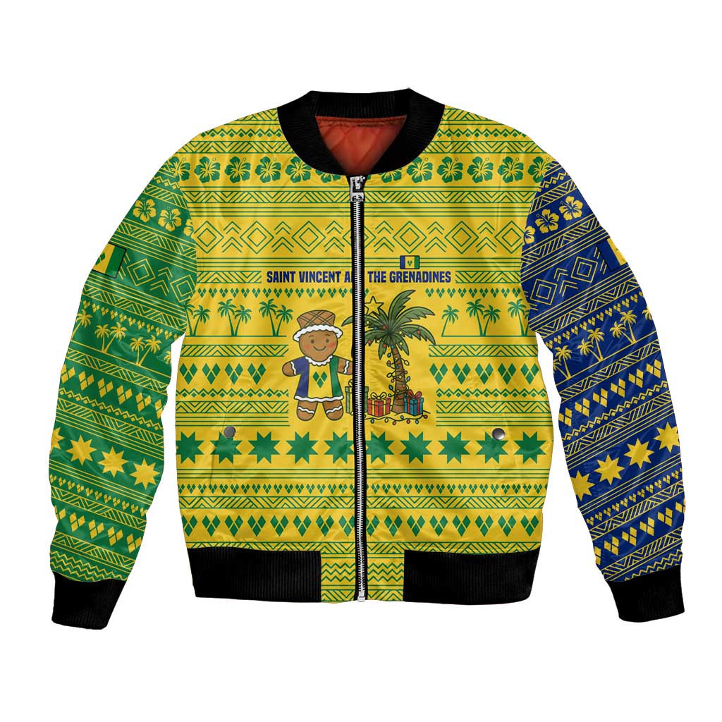 Saint Vincent and the Grenadines Christmas Bomber Jacket with Gingerbread Boy Palm Tree and Traditional Pattern - Wonder Print Shop