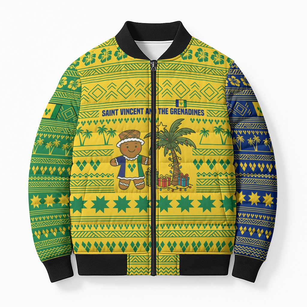 Saint Vincent and the Grenadines Christmas Bomber Puffer Jacket with Gingerbread Boy Palm Tree and Traditional Pattern - Wonder Print Shop