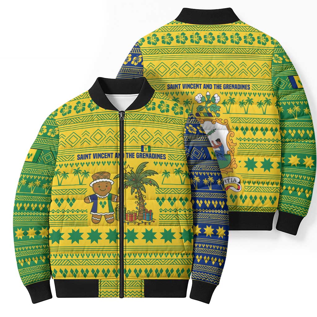 Saint Vincent and the Grenadines Christmas Bomber Puffer Jacket with Gingerbread Boy Palm Tree and Traditional Pattern - Wonder Print Shop