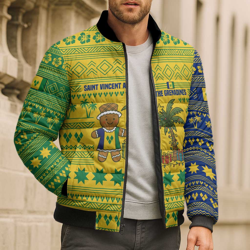 Saint Vincent and the Grenadines Christmas Bomber Puffer Jacket with Gingerbread Boy Palm Tree and Traditional Pattern - Wonder Print Shop