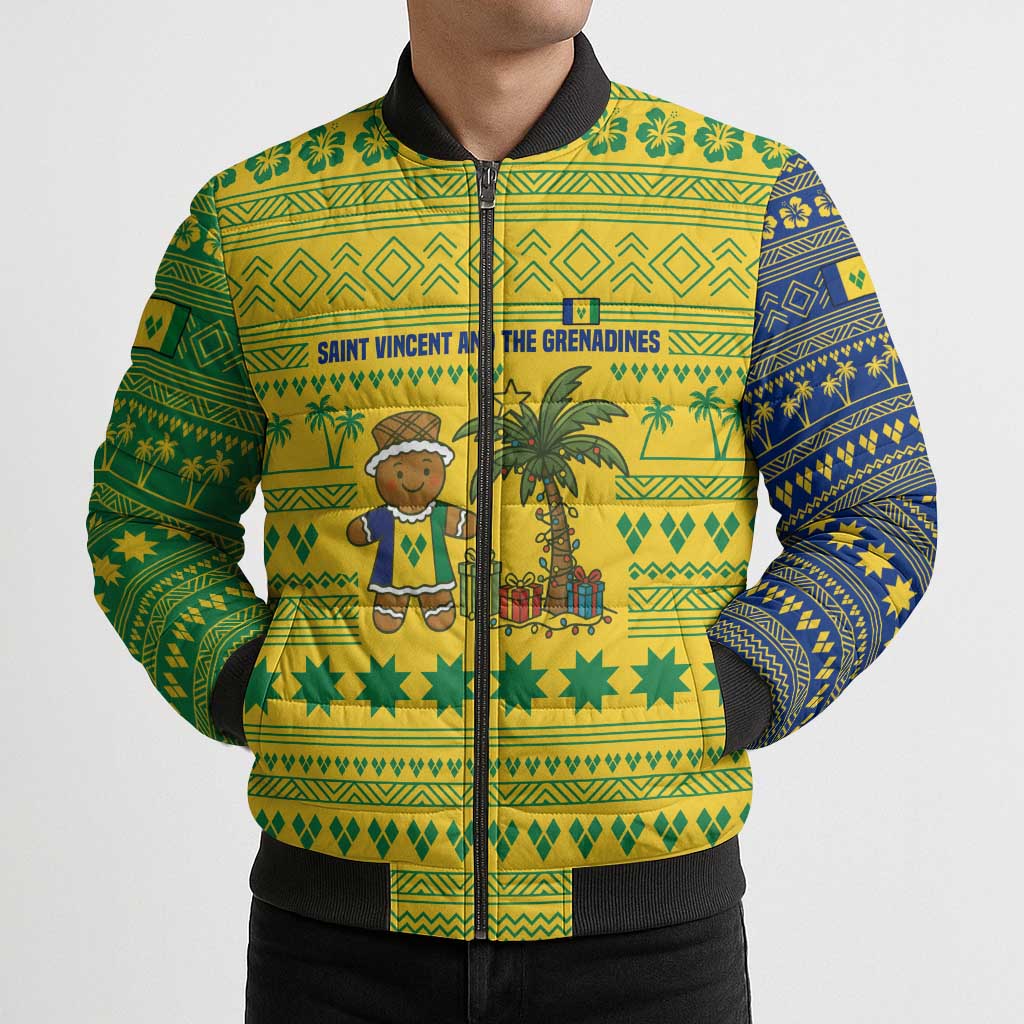 Saint Vincent and the Grenadines Christmas Bomber Puffer Jacket with Gingerbread Boy Palm Tree and Traditional Pattern - Wonder Print Shop