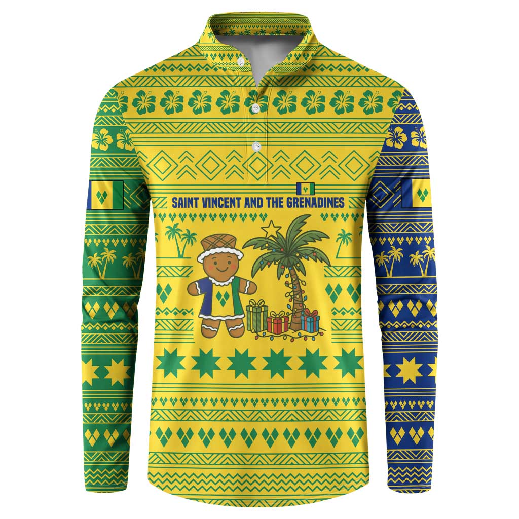 Saint Vincent and the Grenadines Christmas Button Sweatshirt with Gingerbread Boy Palm Tree and Traditional Pattern - Wonder Print Shop