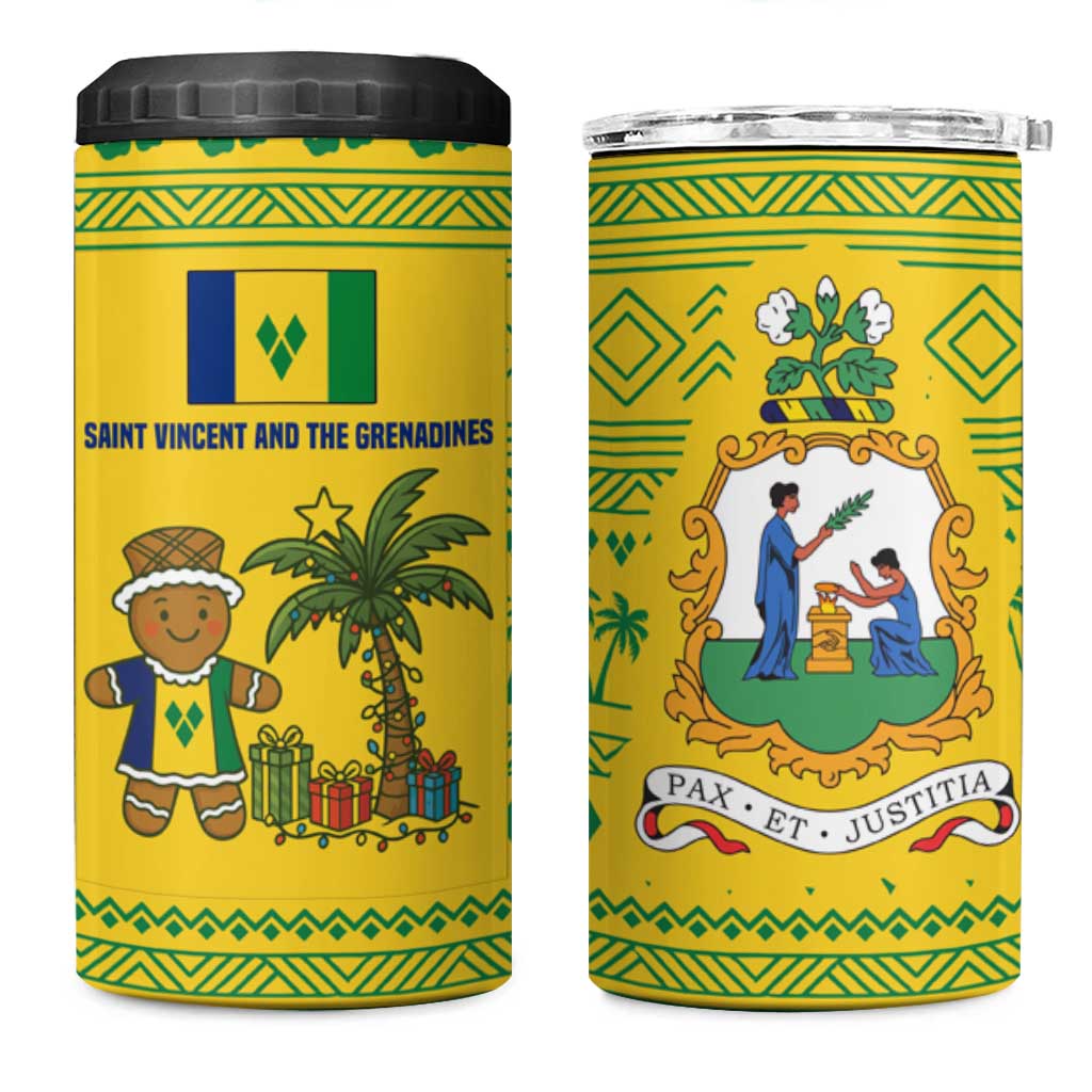 Saint Vincent and the Grenadines Christmas 4 in 1 Can Cooler Tumbler with Gingerbread Boy Palm Tree and Traditional Pattern - Wonder Print Shop