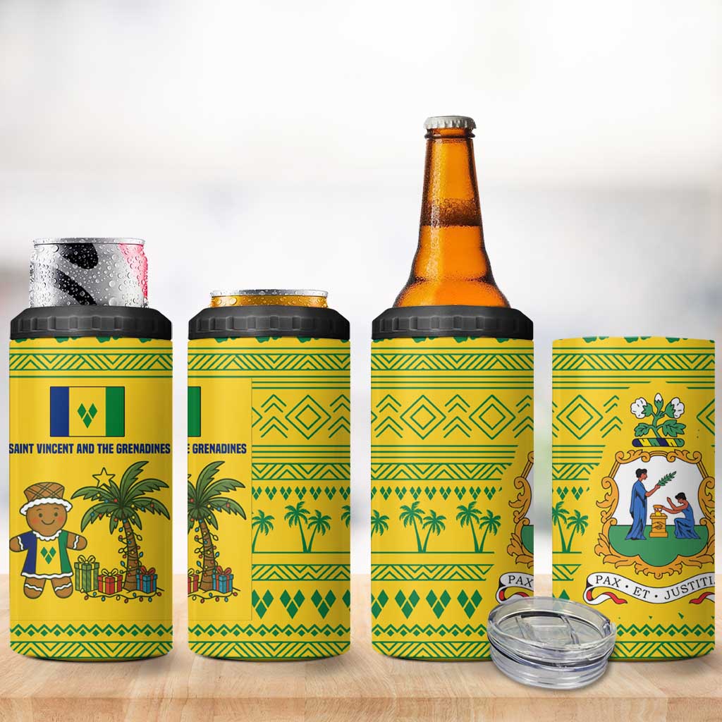 Saint Vincent and the Grenadines Christmas 4 in 1 Can Cooler Tumbler with Gingerbread Boy Palm Tree and Traditional Pattern - Wonder Print Shop