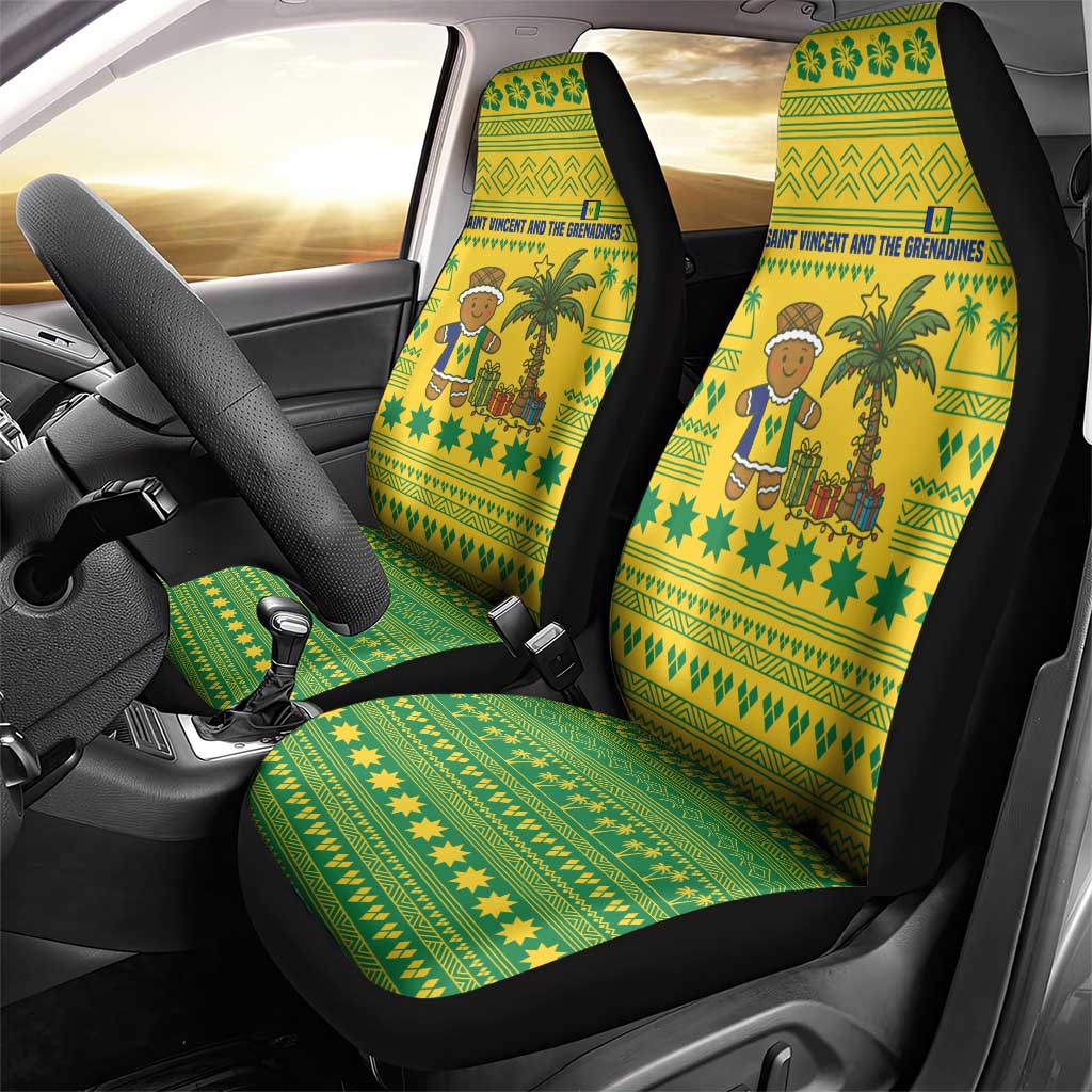 Saint Vincent and the Grenadines Christmas Car Seat Cover with Gingerbread Boy Palm Tree and Traditional Pattern - Wonder Print Shop