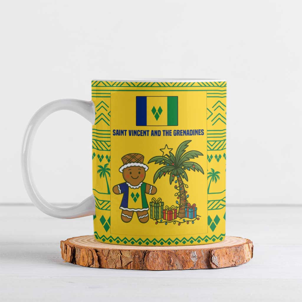 Saint Vincent and the Grenadines Christmas Ceramic Mug with Gingerbread Boy Palm Tree and Traditional Pattern - Wonder Print Shop