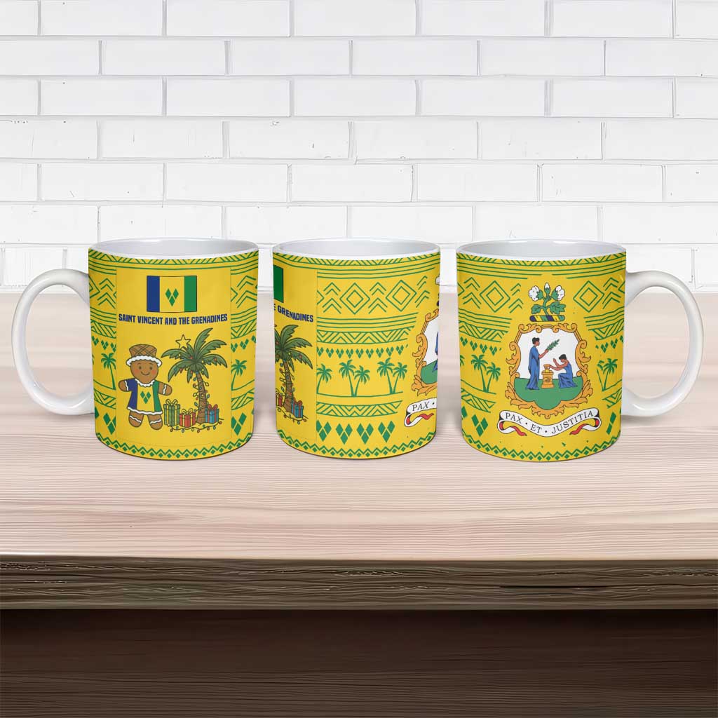 Saint Vincent and the Grenadines Christmas Ceramic Mug with Gingerbread Boy Palm Tree and Traditional Pattern - Wonder Print Shop