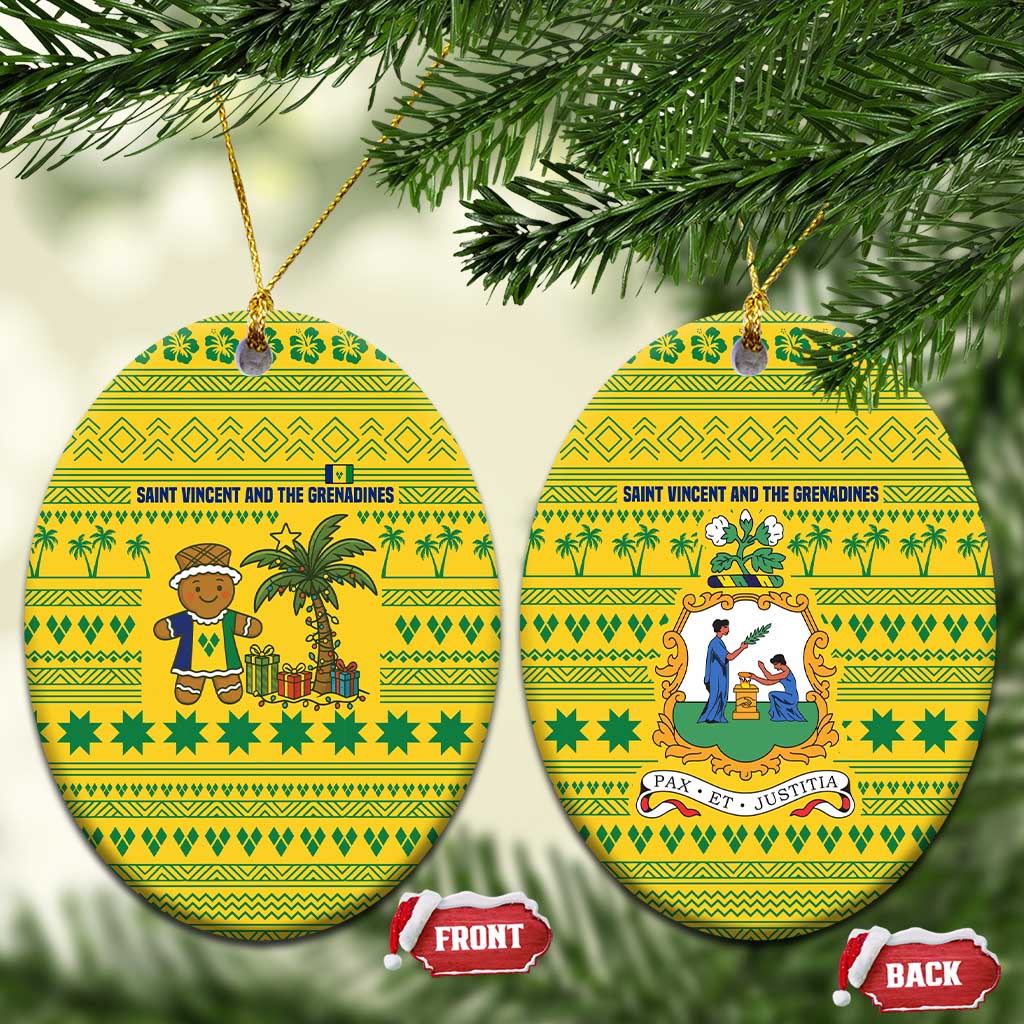 Saint Vincent and the Grenadines Christmas Ceramic Ornament with Gingerbread Boy Palm Tree and Traditional Pattern - Wonder Print Shop