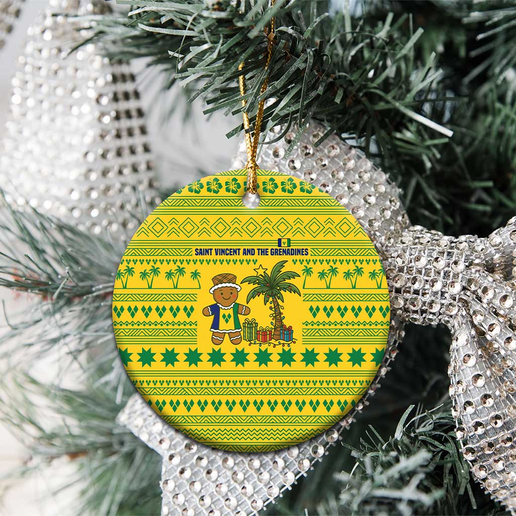 Saint Vincent and the Grenadines Christmas Ceramic Ornament with Gingerbread Boy Palm Tree and Traditional Pattern - Wonder Print Shop