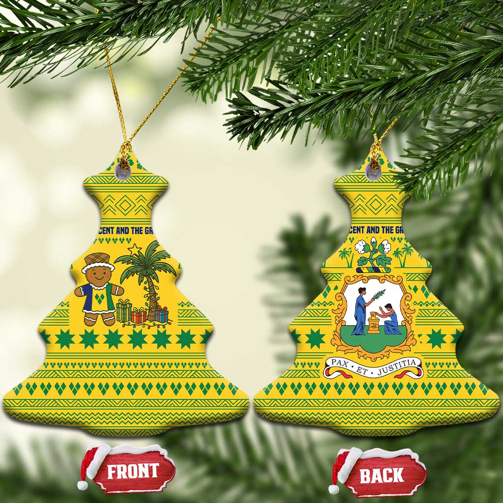Saint Vincent and the Grenadines Christmas Ceramic Ornament with Gingerbread Boy Palm Tree and Traditional Pattern - Wonder Print Shop