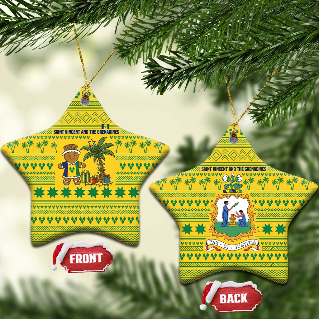 Saint Vincent and the Grenadines Christmas Ceramic Ornament with Gingerbread Boy Palm Tree and Traditional Pattern - Wonder Print Shop
