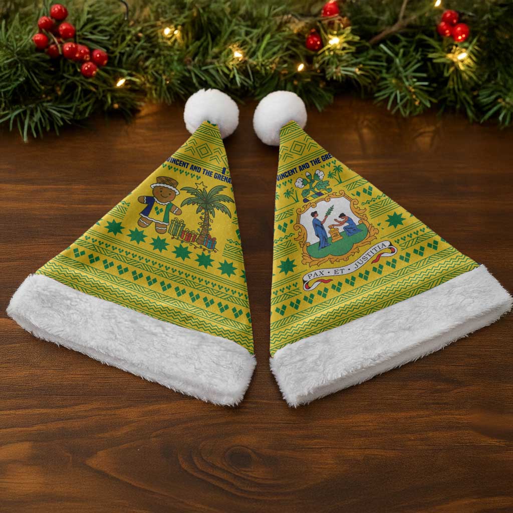 Saint Vincent and the Grenadines Christmas Santa Hat with Gingerbread Boy Palm Tree and Traditional Pattern - Wonder Print Shop
