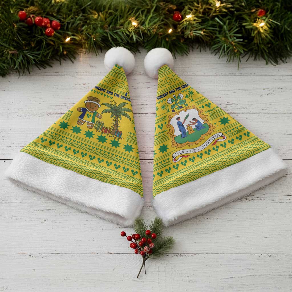 Saint Vincent and the Grenadines Christmas Santa Hat with Gingerbread Boy Palm Tree and Traditional Pattern - Wonder Print Shop
