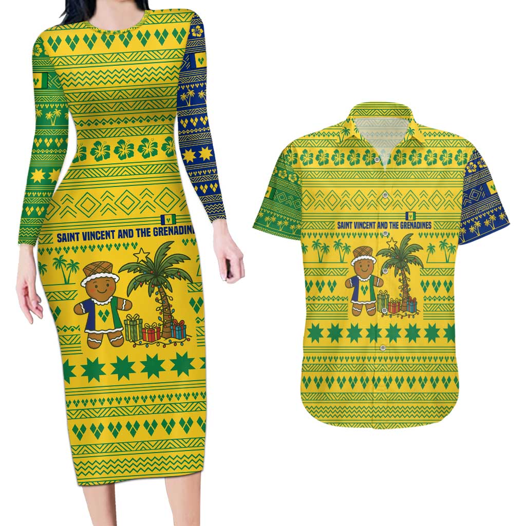 Saint Vincent and the Grenadines Christmas Couples Matching Long Sleeve Bodycon Dress and Hawaiian Shirt with Gingerbread Boy Palm Tree and Traditional Pattern - Wonder Print Shop