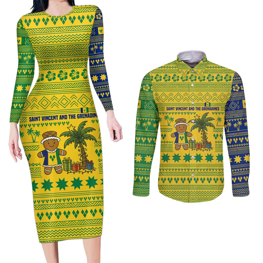 Saint Vincent and the Grenadines Christmas Couples Matching Long Sleeve Bodycon Dress and Long Sleeve Button Shirt with Gingerbread Boy Palm Tree and Traditional Pattern - Wonder Print Shop