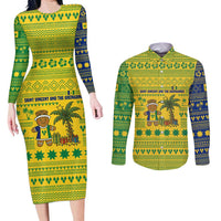 Saint Vincent and the Grenadines Christmas Couples Matching Long Sleeve Bodycon Dress and Long Sleeve Button Shirt with Gingerbread Boy Palm Tree and Traditional Pattern - Wonder Print Shop