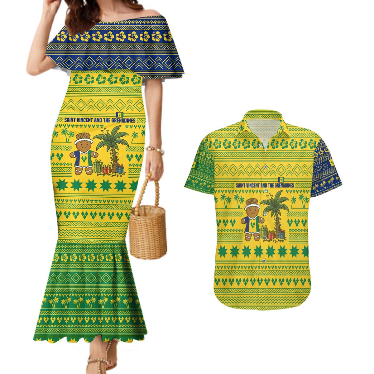 Saint Vincent and the Grenadines Christmas Couples Matching Mermaid Dress and Hawaiian Shirt with Gingerbread Boy Palm Tree and Traditional Pattern - Wonder Print Shop