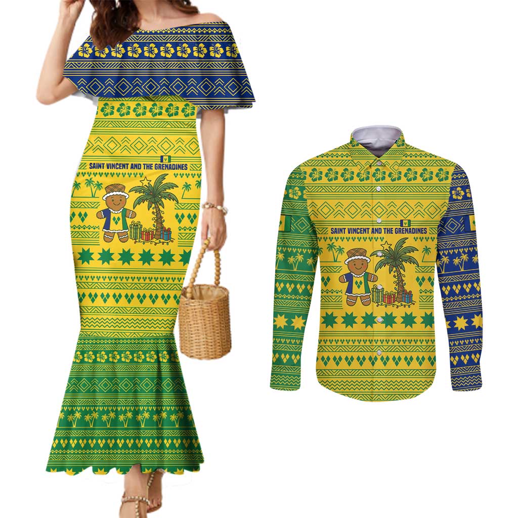 Saint Vincent and the Grenadines Christmas Couples Matching Mermaid Dress and Long Sleeve Button Shirt with Gingerbread Boy Palm Tree and Traditional Pattern - Wonder Print Shop