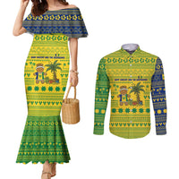 Saint Vincent and the Grenadines Christmas Couples Matching Mermaid Dress and Long Sleeve Button Shirt with Gingerbread Boy Palm Tree and Traditional Pattern - Wonder Print Shop