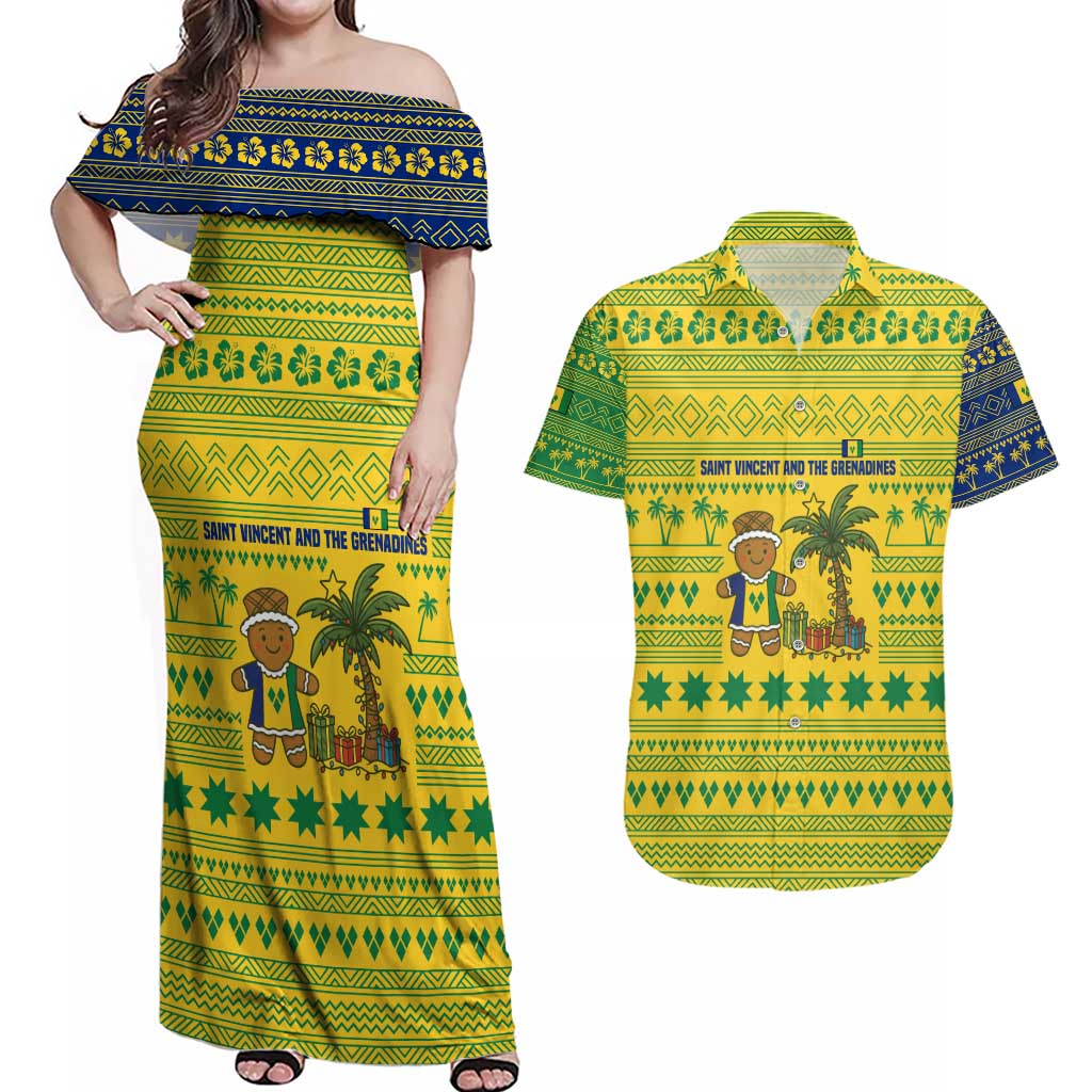 Saint Vincent and the Grenadines Christmas Couples Matching Off Shoulder Maxi Dress and Hawaiian Shirt with Gingerbread Boy Palm Tree and Traditional Pattern - Wonder Print Shop