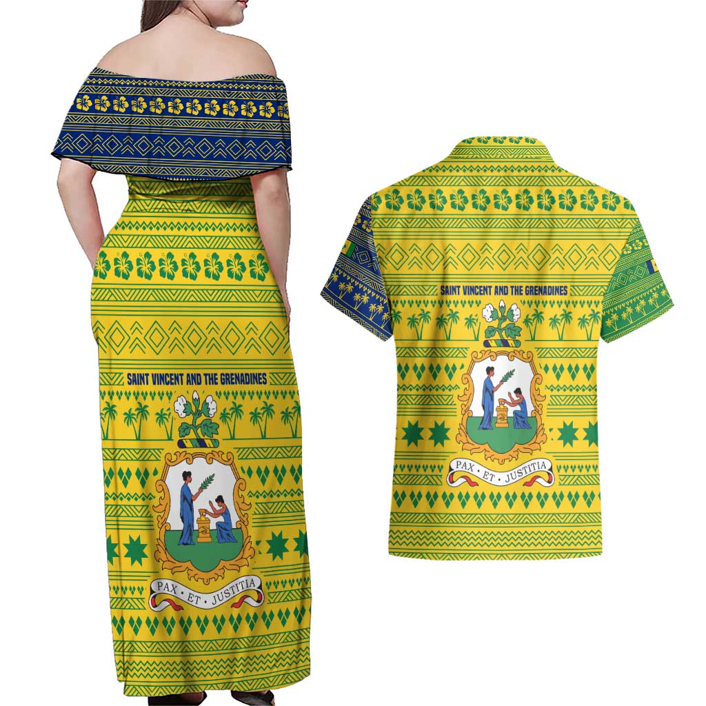 Saint Vincent and the Grenadines Christmas Couples Matching Off Shoulder Maxi Dress and Hawaiian Shirt with Gingerbread Boy Palm Tree and Traditional Pattern - Wonder Print Shop