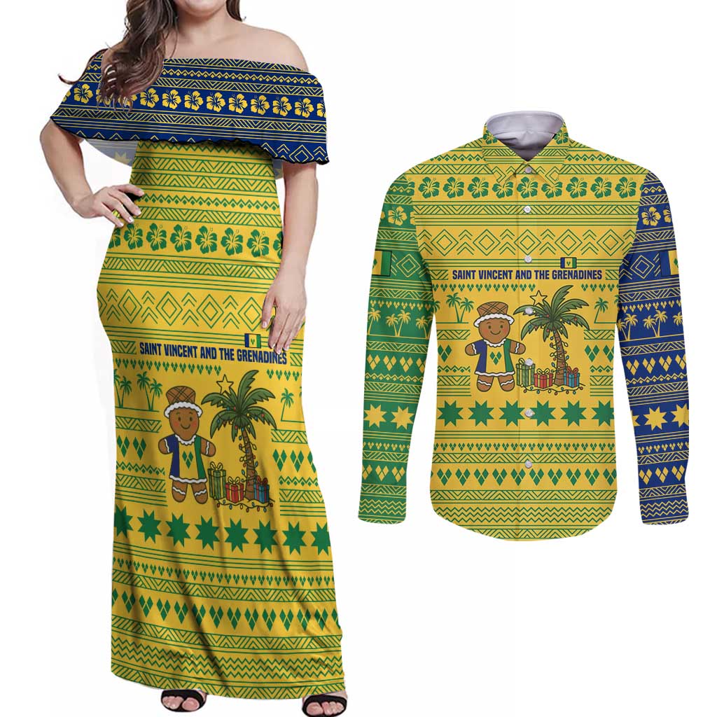 Saint Vincent and the Grenadines Christmas Couples Matching Off Shoulder Maxi Dress and Long Sleeve Button Shirt with Gingerbread Boy Palm Tree and Traditional Pattern - Wonder Print Shop