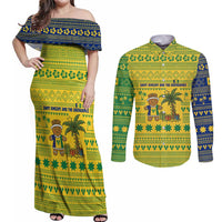 Saint Vincent and the Grenadines Christmas Couples Matching Off Shoulder Maxi Dress and Long Sleeve Button Shirt with Gingerbread Boy Palm Tree and Traditional Pattern - Wonder Print Shop