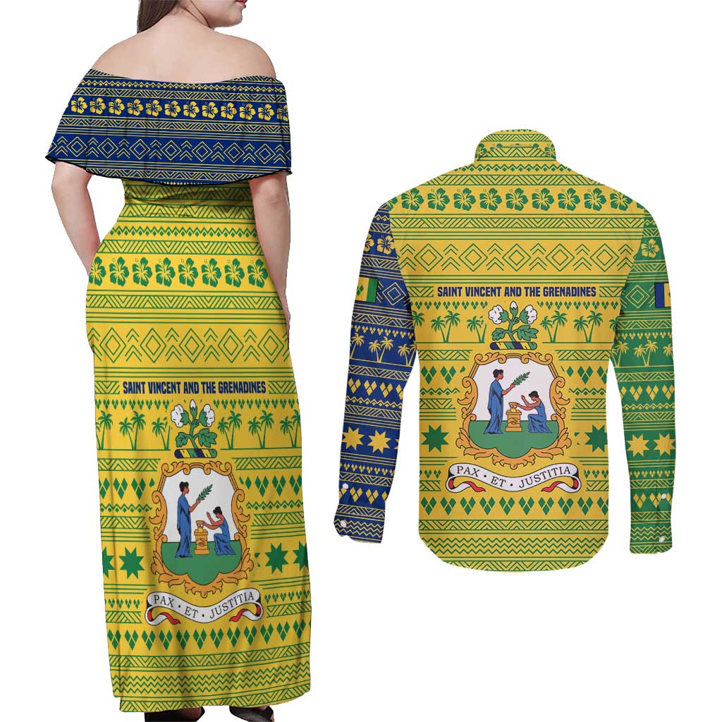 Saint Vincent and the Grenadines Christmas Couples Matching Off Shoulder Maxi Dress and Long Sleeve Button Shirt with Gingerbread Boy Palm Tree and Traditional Pattern - Wonder Print Shop