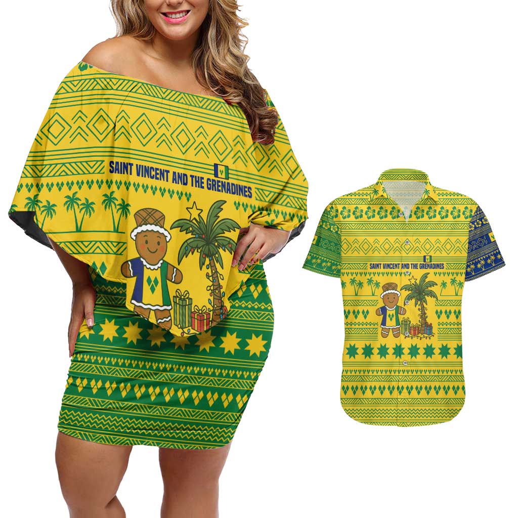 Saint Vincent and the Grenadines Christmas Couples Matching Off Shoulder Short Dress and Hawaiian Shirt with Gingerbread Boy Palm Tree and Traditional Pattern - Wonder Print Shop