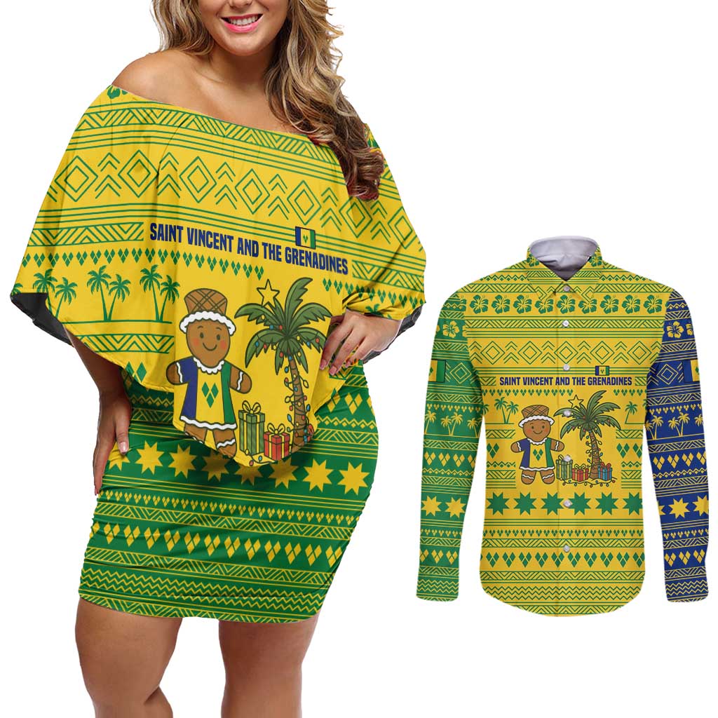 Saint Vincent and the Grenadines Christmas Couples Matching Off Shoulder Short Dress and Long Sleeve Button Shirt with Gingerbread Boy Palm Tree and Traditional Pattern - Wonder Print Shop
