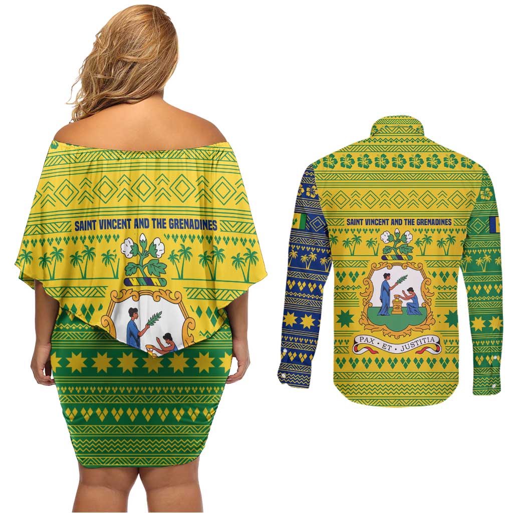 Saint Vincent and the Grenadines Christmas Couples Matching Off Shoulder Short Dress and Long Sleeve Button Shirt with Gingerbread Boy Palm Tree and Traditional Pattern - Wonder Print Shop