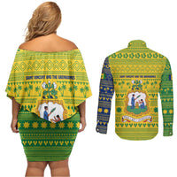 Saint Vincent and the Grenadines Christmas Couples Matching Off Shoulder Short Dress and Long Sleeve Button Shirt with Gingerbread Boy Palm Tree and Traditional Pattern - Wonder Print Shop