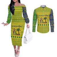 Saint Vincent and the Grenadines Christmas Couples Matching Off The Shoulder Long Sleeve Dress and Long Sleeve Button Shirt with Gingerbread Boy Palm Tree and Traditional Pattern - Wonder Print Shop