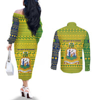 Saint Vincent and the Grenadines Christmas Couples Matching Off The Shoulder Long Sleeve Dress and Long Sleeve Button Shirt with Gingerbread Boy Palm Tree and Traditional Pattern - Wonder Print Shop