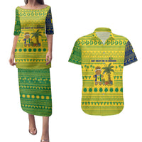 Saint Vincent and the Grenadines Christmas Couples Matching Puletasi and Hawaiian Shirt with Gingerbread Boy Palm Tree and Traditional Pattern - Wonder Print Shop
