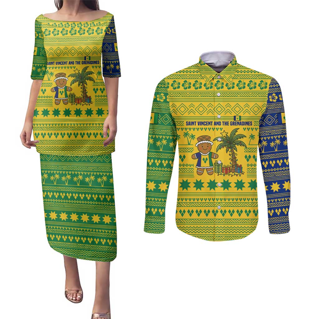 Saint Vincent and the Grenadines Christmas Couples Matching Puletasi and Long Sleeve Button Shirt with Gingerbread Boy Palm Tree and Traditional Pattern - Wonder Print Shop